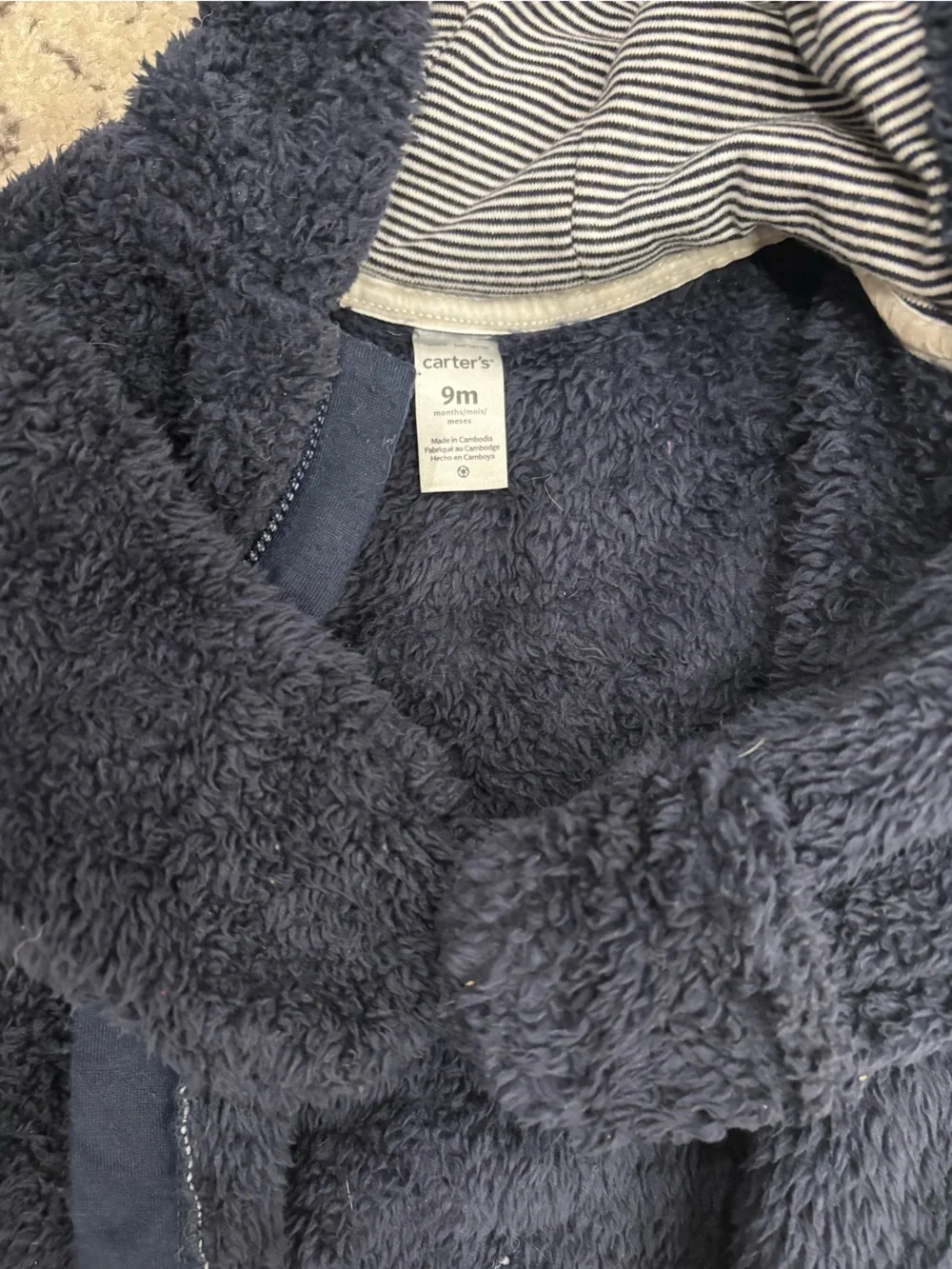 9 month Boys Navy Hooded Fleece Onesie